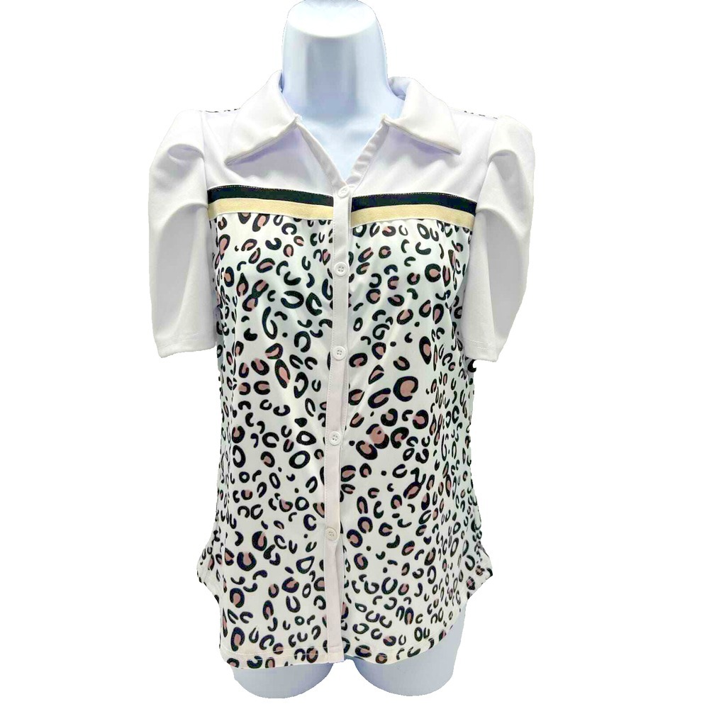 Annie Qin Fashion Button Front White Animal Print Short Puff Sleeve M Maximilast